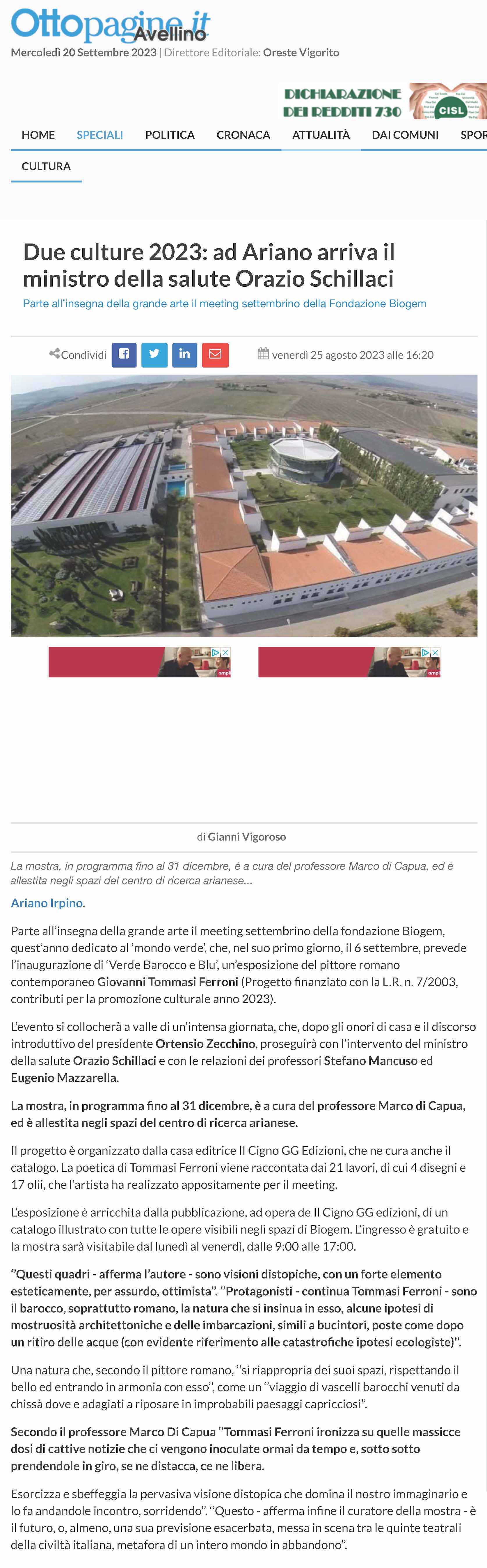 Due culture 2023: ad Ariano arriva il ministro della salute Orazio Schillaci